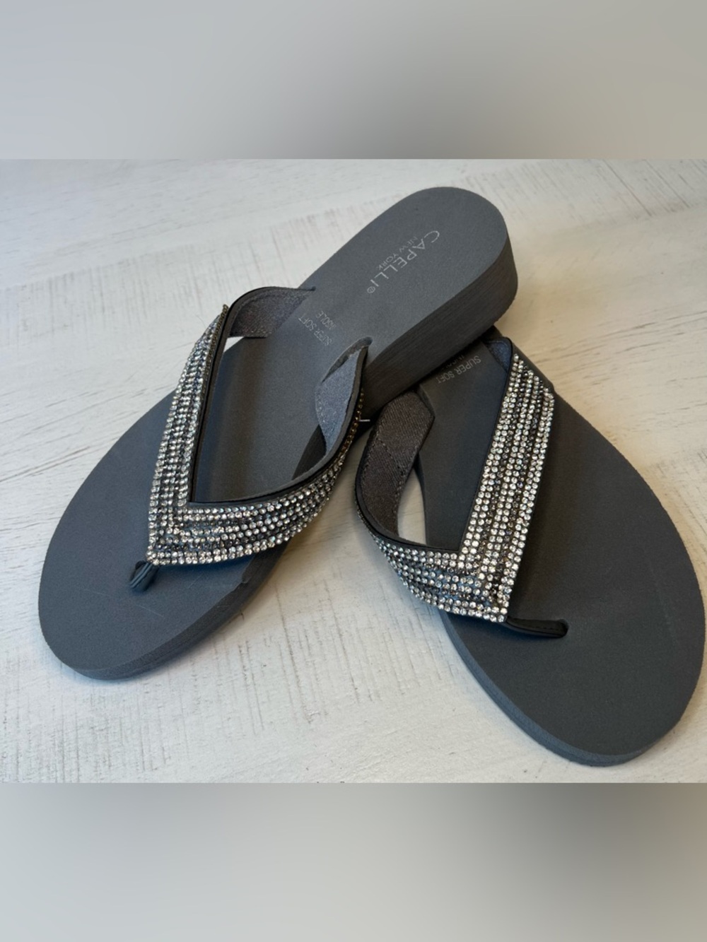 Capelli of New York Embellished Black Rhinestone Flip Flop Sandals